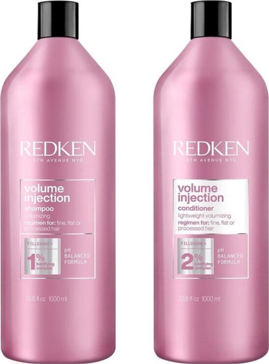 Deux grandes bouteilles roses de shampooing et de revitalisant Redken Volume Injection, chacune de 1000ml.