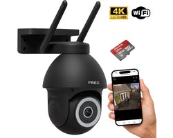 FINEX® Beveiligingscamera Buiten – Met SD kaart (32GB) – Zwart – 4K Ultra HD – Op Netstroom– Buiten Camera Met Nachtzicht – Buitencamera – Bewakingscamera voor Buiten – Beveiligingscamera Met WiFi en App