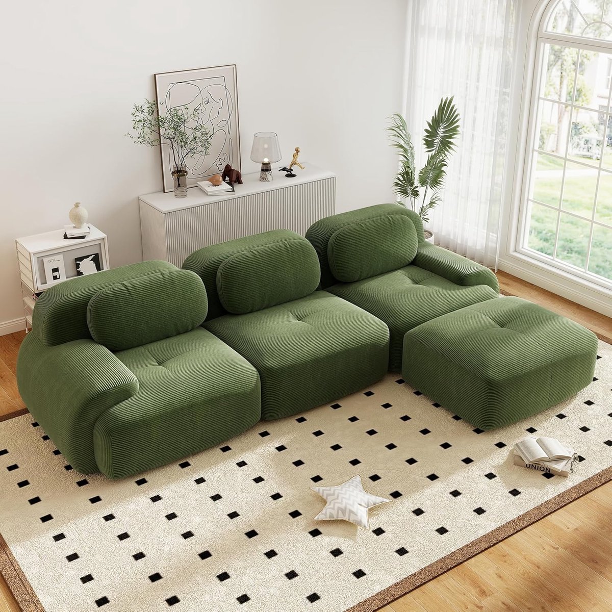 Moderne Hoekbank, L-Bank, 3-Zitsbank, Moderne 298 cm Brede, Converteerbare Hoekbank met Voetenbank, L-vormige Modulaire Corduroy Bank, Samendrukbare Bank voor 3-6 Personen voor de Woonkamer, Extra Diepe Zitting, Geen Montage Nodig-Groente