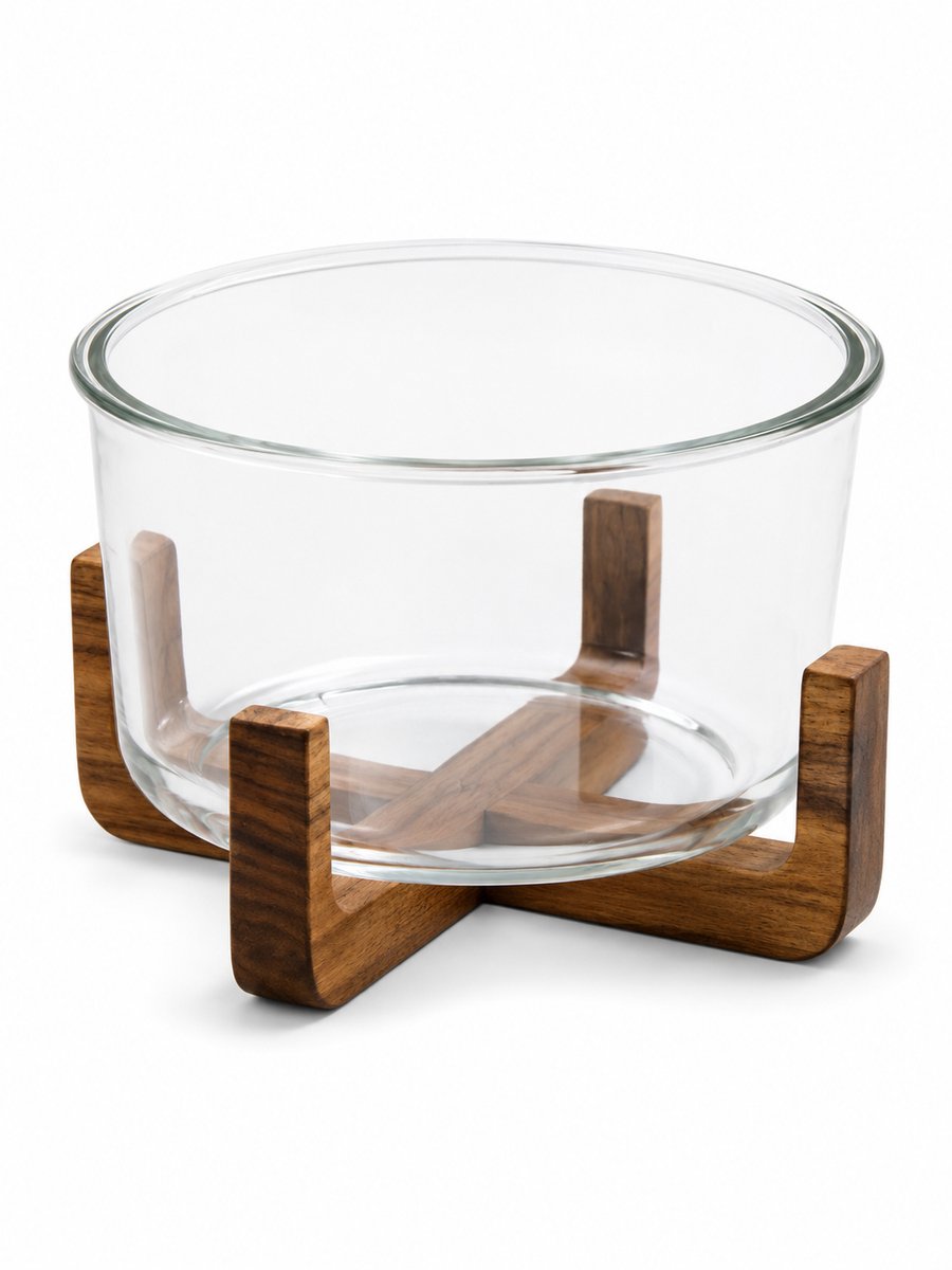 Glozini Glazen Serveerschaal met Acacia Houten Onderstel - 20 cm
