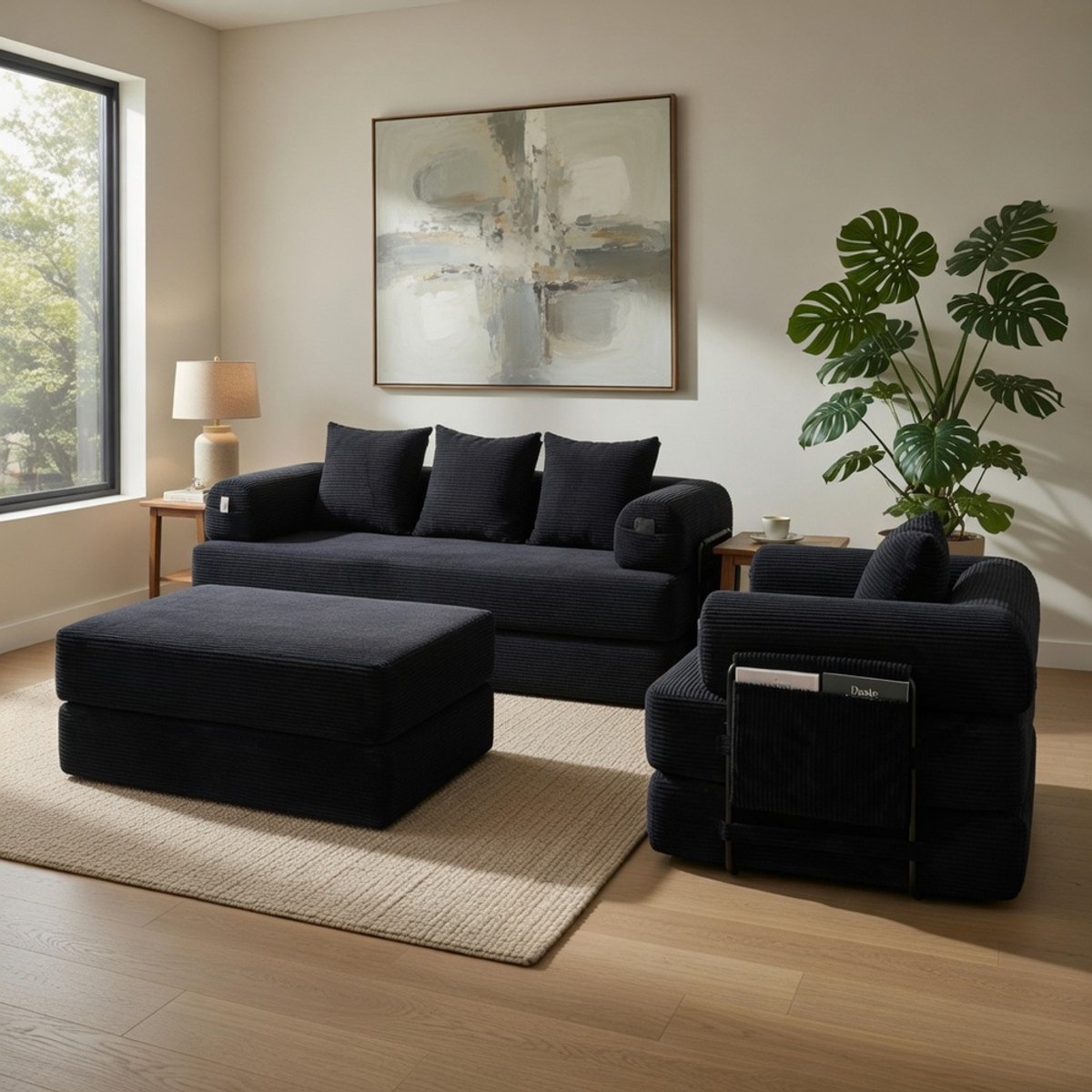 Komhtom - Modulaire 4-zits corduroy-compressiebank inclusief poef - met stevig metalen fra