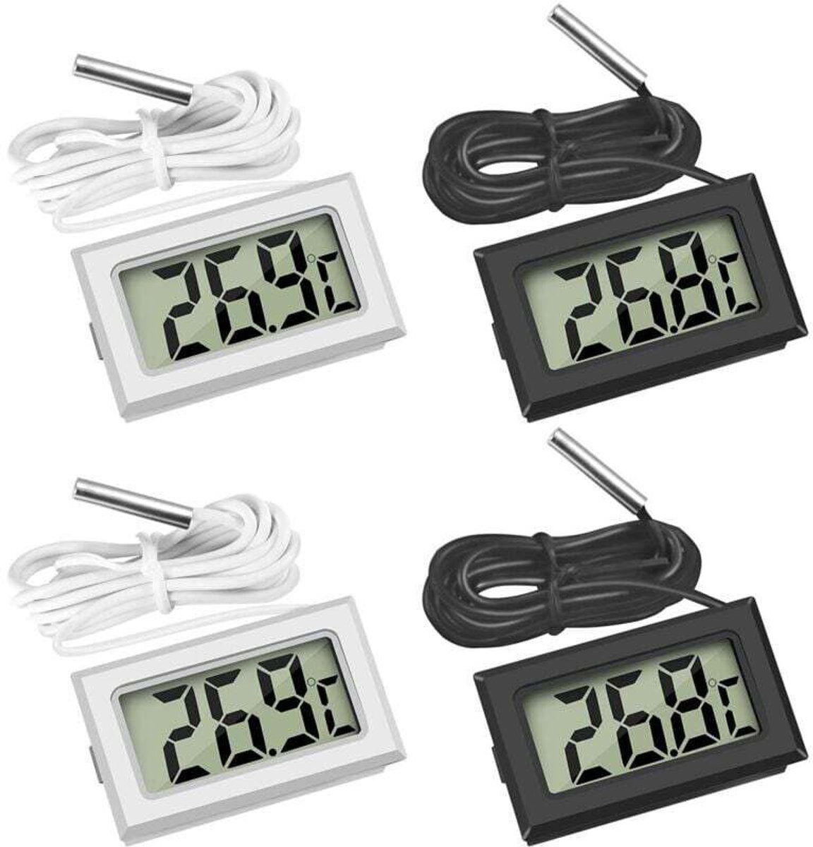 Set van 4 digitale thermometers - Temperatuurmeters met externe sondes - Geschikt voor koelkasten, vriezers en aquariums - LCD-display - Set van 4, zwart