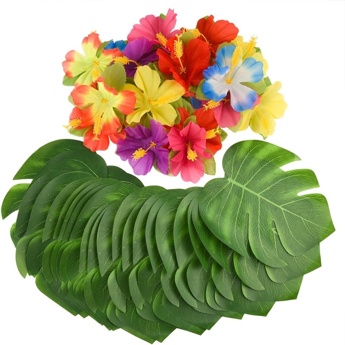 OLOEY 60-delige tropische feestdecoratie-8 inch tropische palmbladeren en hibiscusbloemen-kunstbladeren voor Hawaï-feesten-jungle-strand-en thematafeldecoratie