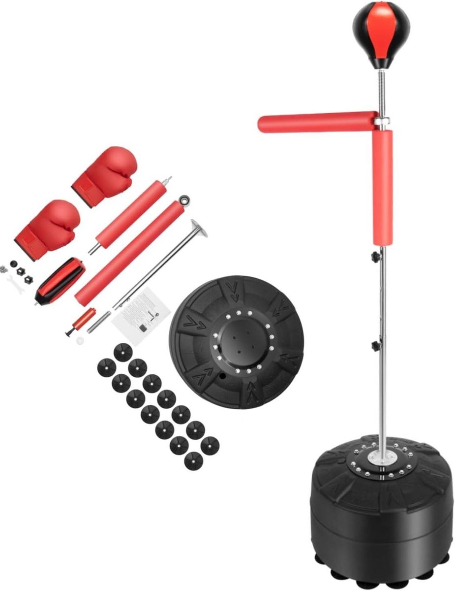 Staande Bokszak - Boksbal Trainingsapparaat - Reactiesnelheid Trainen - 360 Graden Zwenkarm - 130-157 cm In Hoogte Verstelbaar - Rood Zwart