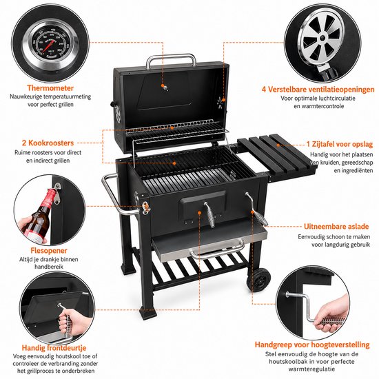 Sello! houtskool barbecue XXL - grill - ingebouwde thermometer - opbergplanken - aslade - stevige wielen - staal - zwart van Merkloos — afbeelding 5