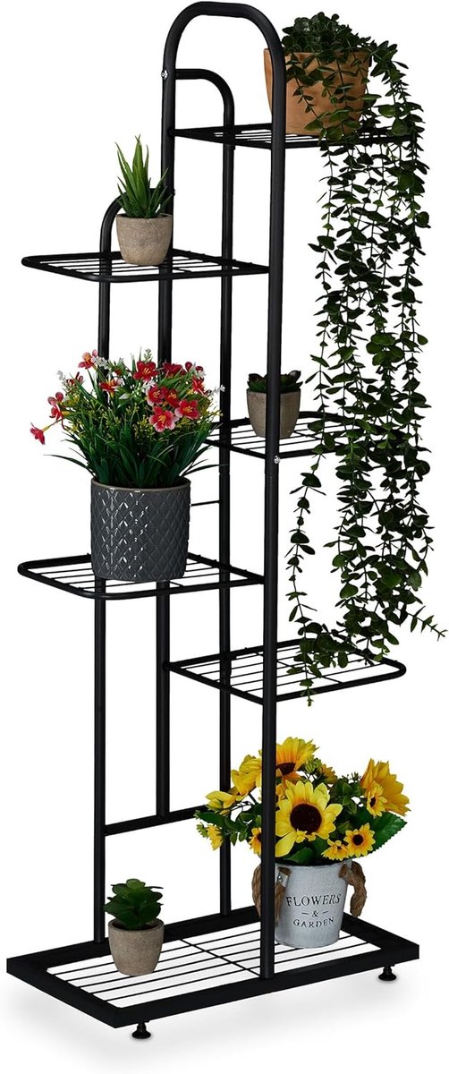 Famanu – Plantenstandaard met 6 etages, voor 7 bloempotten, metalen plantentrap voor binnen, zwart