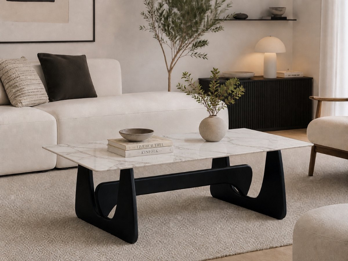 Salontafel Zwart Hout – Marmer – Coffee Table - Tafel - Marmeren tafelblad