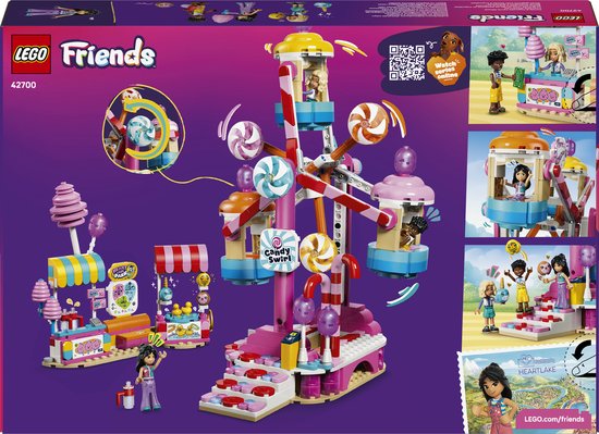 LEGO Friends 42700 Candy & Cupcake Reuzenrad: Doos met afbeelding van reuzenrad, kraampjes, poppetjes en speeldetails.