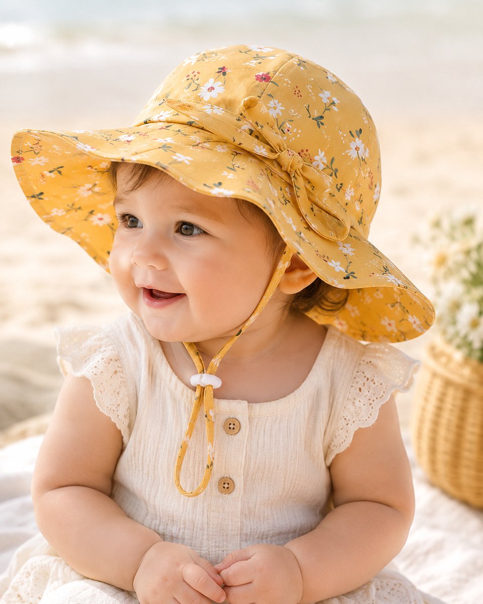 Geel Baby Zonnehoedje met Bloemetjes & Strik – UV Zomerhoedje Meisje – Katoenen Hoedje met Koord – Maat 48 (6-18 Maanden)
