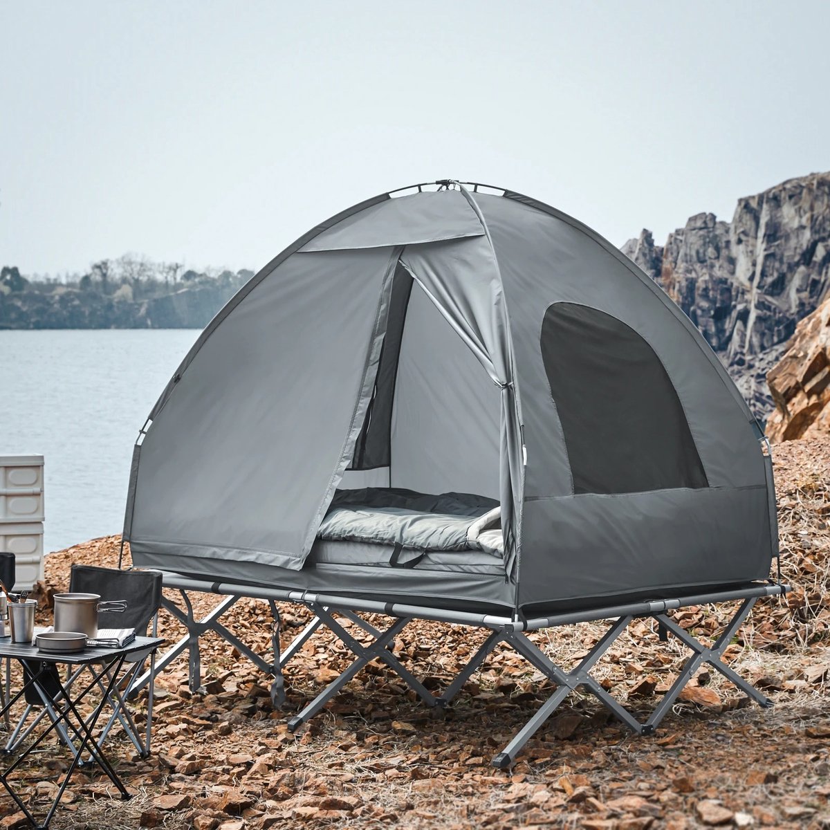 DailyDamaar tent - Kampeerbed - Kampeertent - Campingtent - 2-persoons - Met slaapzak en luchtbed - 193x145x188 cm - Metaal - Polyester - Grijs