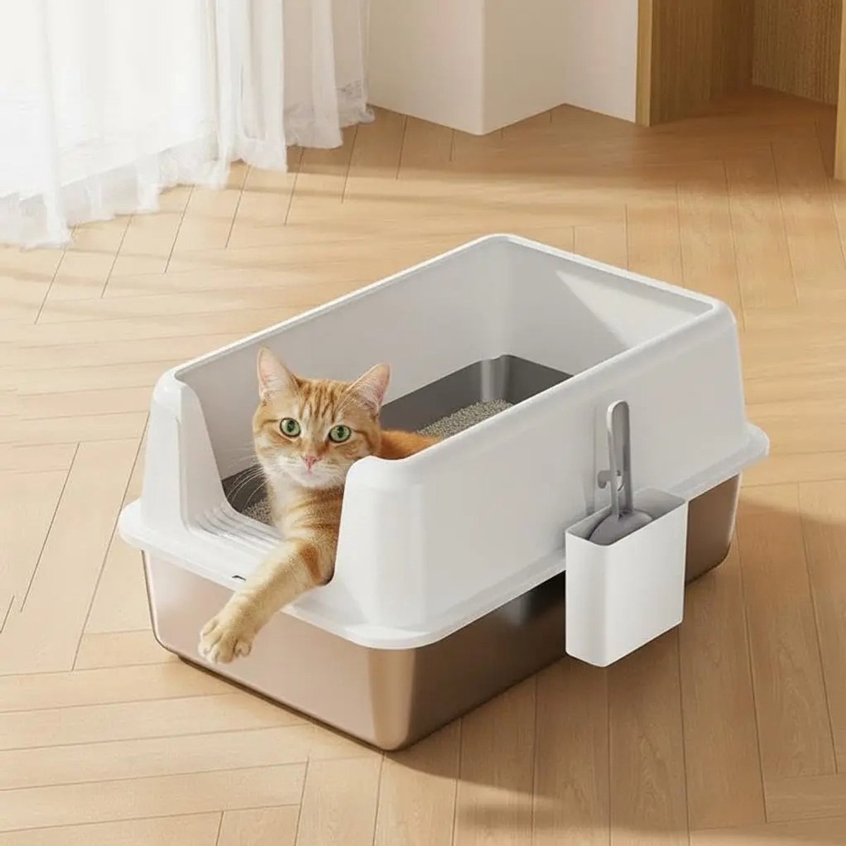 Geargalaxy Kattenbak - Kattentoilet - Katten wc - Kattenbak met Hoge Rand en Zeef - Katten toiletbak - 60x40x35cm - Wit