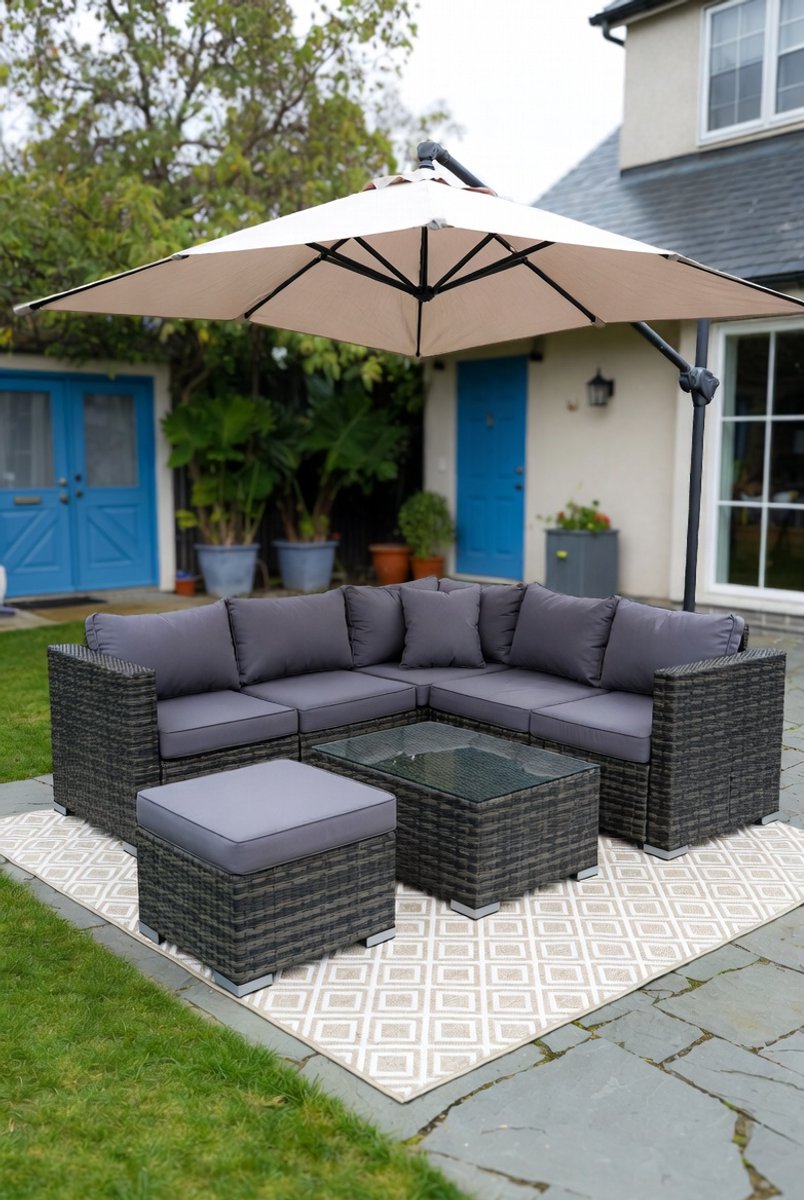 Luxe Polyrattan Hoek Loungeset met Kussens en Glazen Tafel – Moderne Tuinmeubelset voor Balkon, Terras en Tuin – Weerbestendig, Comfortabel & Modulair Design – Zwart/GrijsIndustroHome