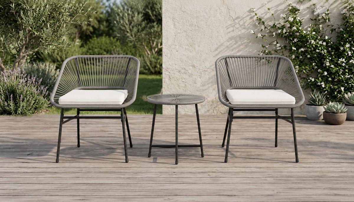 Luxe 3-Delige Polyrattan Balkonset – Compacte Outdoor Bistroset voor 2 Personen met Kussens & Glazen Tafel – Weerbestendige Tuinmeubel Lounge Set voor Balkon, Terras & Tuin (Donkergrijs) Industrohome