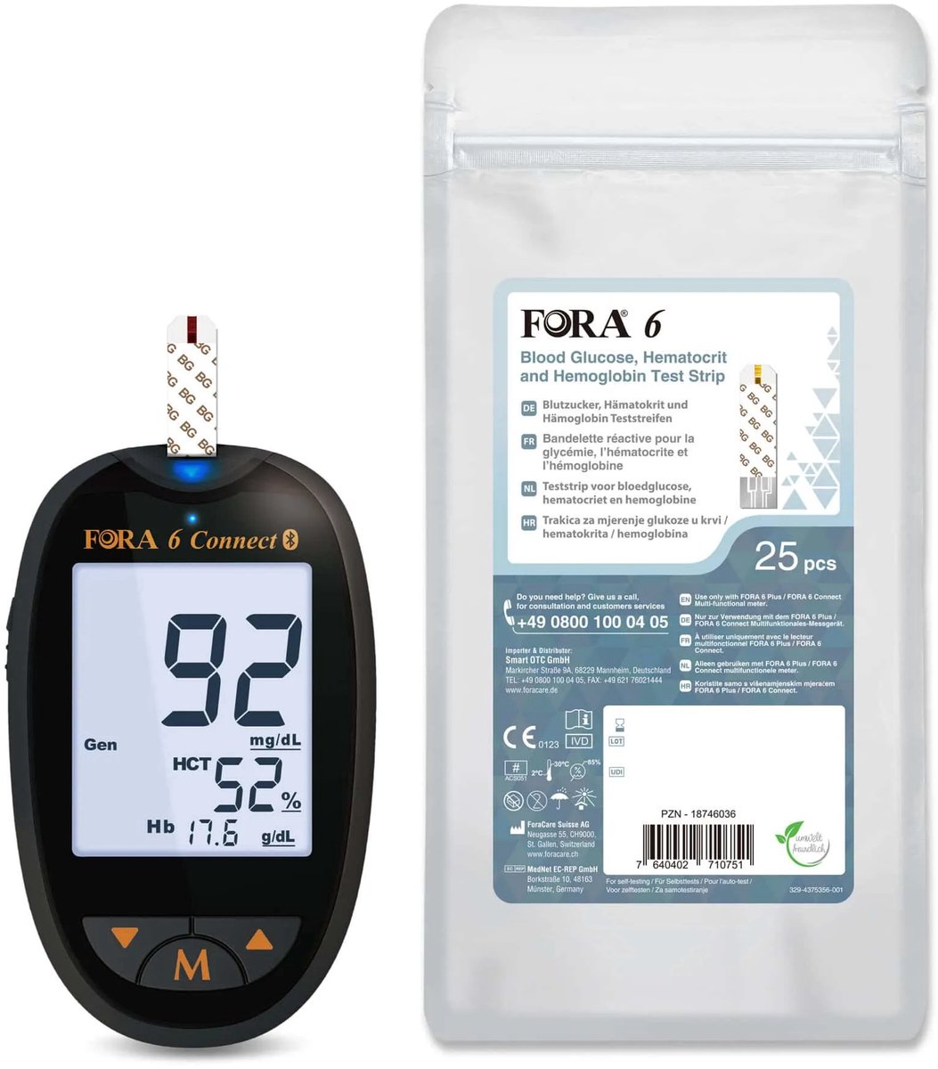 FORA 6 Connect | Bloedglucose-, Hematocriet- en Hemoglobine Meter (Multi-parameter) - Bloedsuikermeter - Glucose Meter - Inclusief Strips