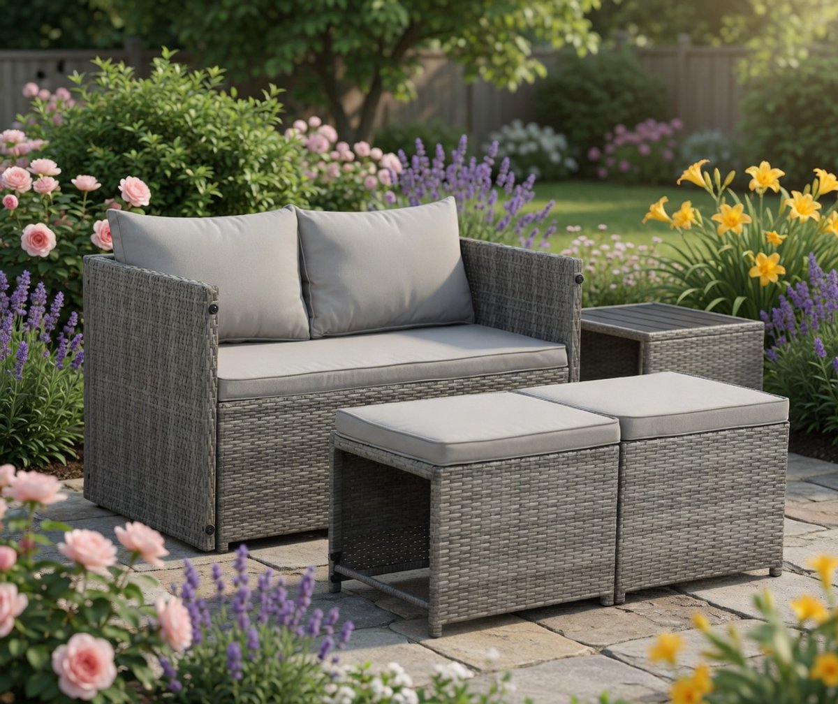 Jamaica Luxe 2-in-1 Poly Rattan Tuinset – 4-delige Balkon Lounge & Eetset met Bank, Krukken en Tafel – Weerbestendig Outdoor Meubelset voor Tuin, Balkon en Terras – Modern Grijs - IndustroHome