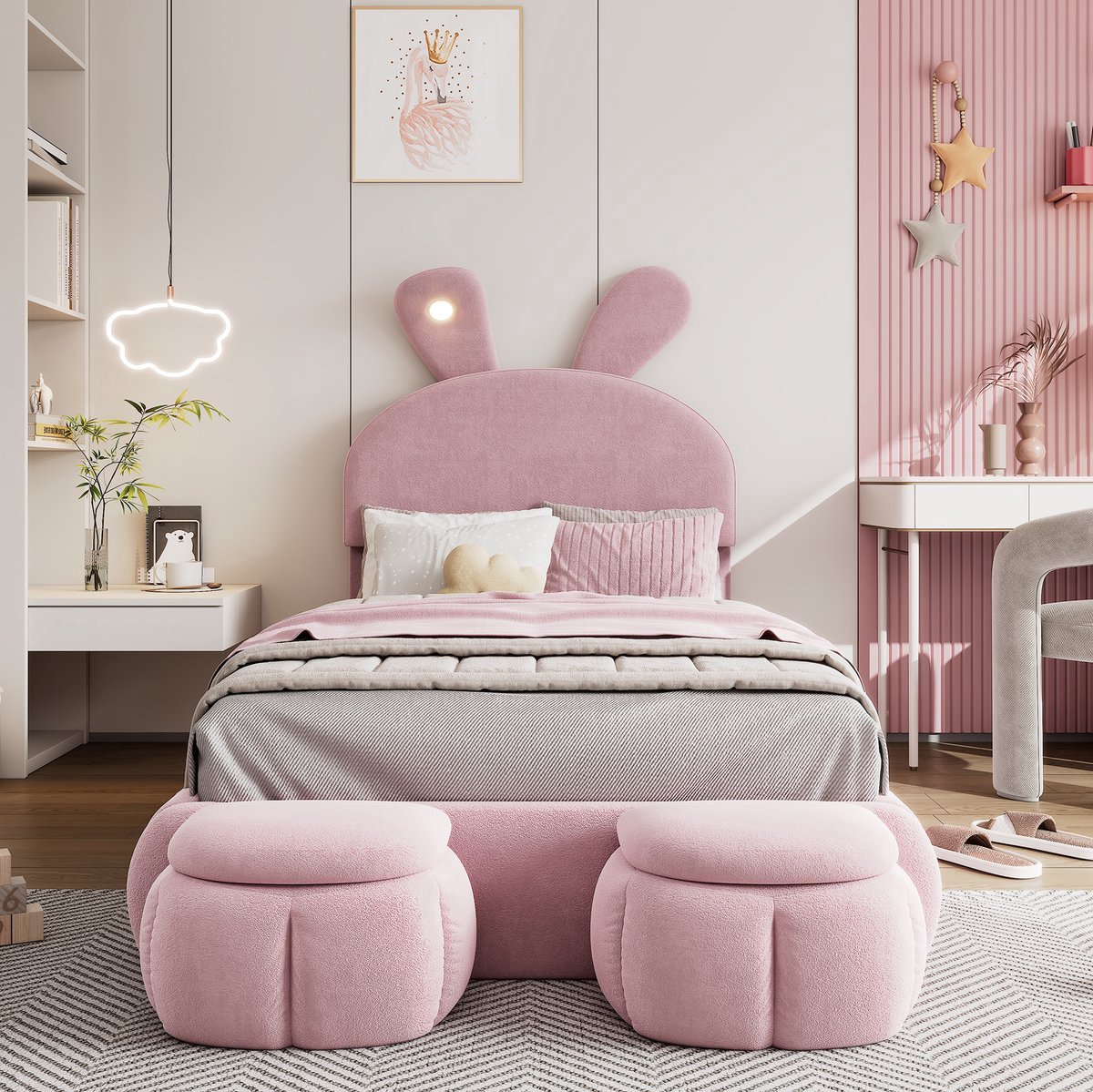 VVBV Gestoffeerd Opbergbed 90x200 cm met Houten Lattenbodem, Voor Kinderen/Tieners - Konijnenoren - Hout/Fluweel Roze