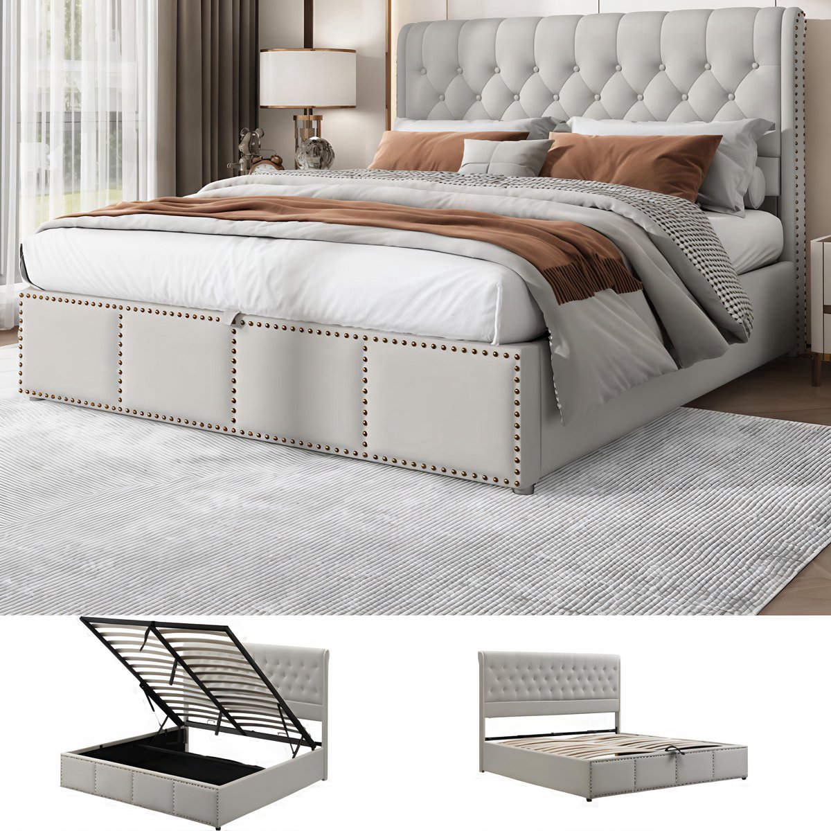 VVBV Bed met opbergruimte 180x200 / Gestoffeerd bed 180x200 / Tweepersoonsbed 180x200 – met Lattenbodem – Linnen – Lichtgrijs – Zonder Matras gris clair