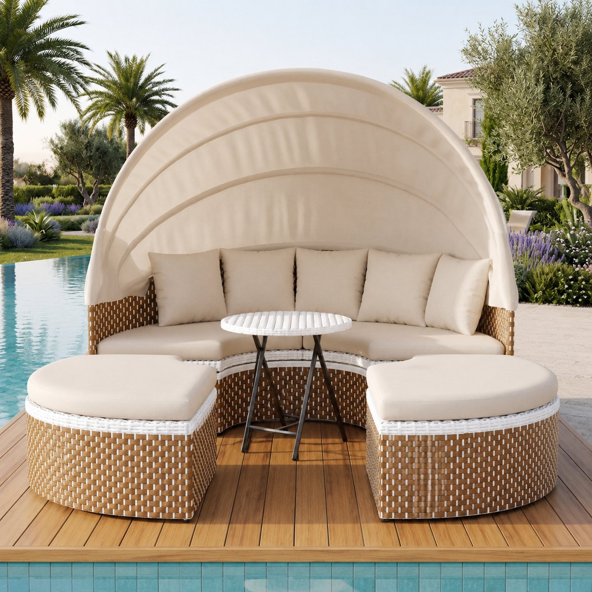 Luxe Rotan Zonne-Eiland Loungeset met Uitschuifbare Luifel en Verstelbare Tafel – Polyrotan Tuinmeubel Set inclusief Waterdichte Kussens – Beige – 170x170x142 cm IndustroHome