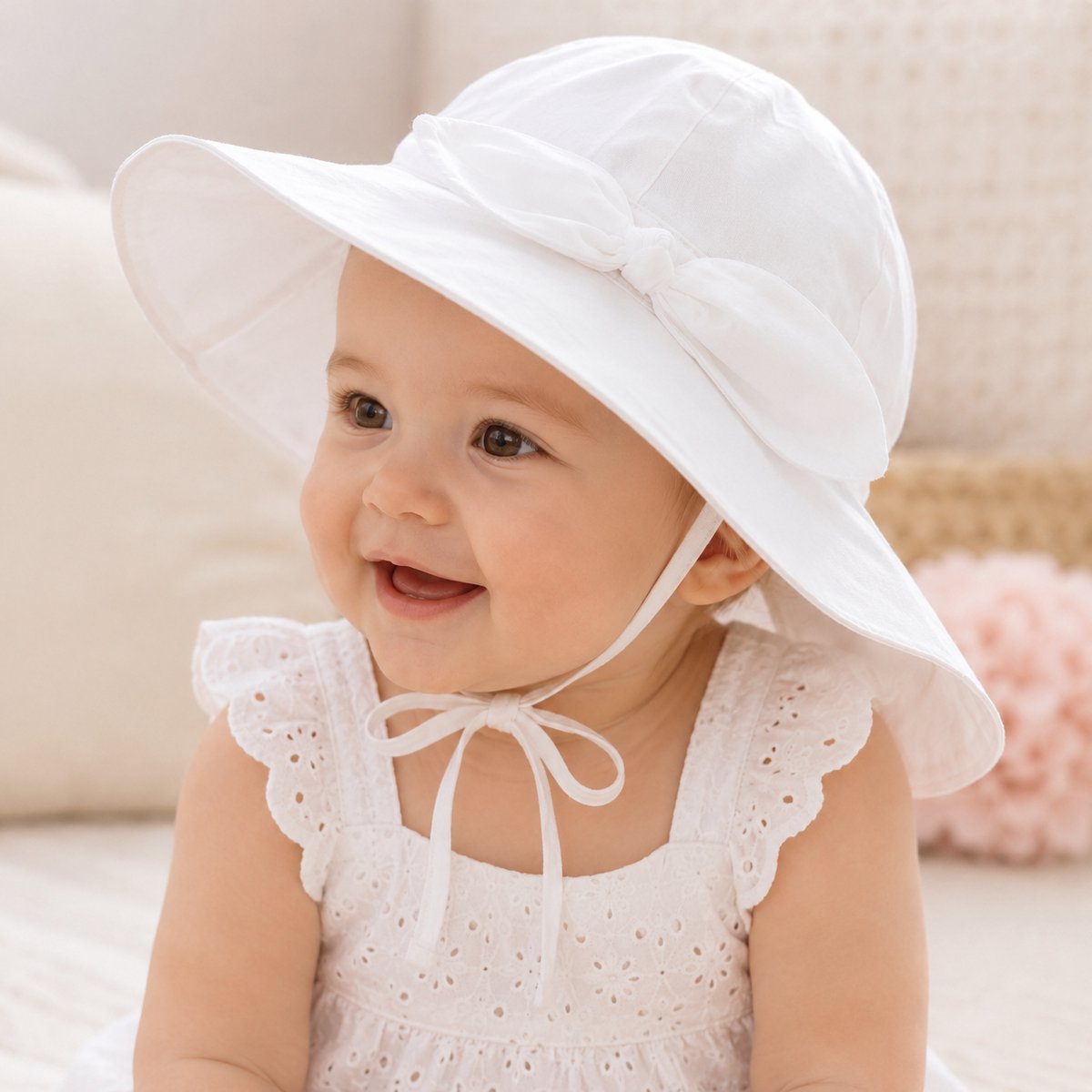 Wit Zonnehoedje Baby Meisje met Strik – Katoenen UV Zomerhoed – Baby & Dreumes Hoedje Maat 48 (6-18 Maanden)
