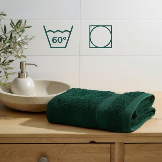 HUSH Living Badhanddoek - per stuk - 70×140 cm - 100% katoen - zware kwaliteit 500g/m2 - stijlvol boord en ophanglus - donkergroen