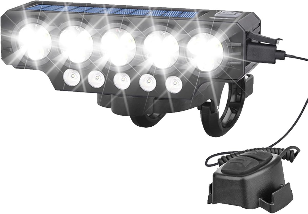 VHV - Solar fietsverlichting - fiets voorlicht met claxon - oplaadbaar LED fietslicht USB oplaadbaar met claxon - voor mountainbike, e-bike en avondritten