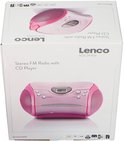 Roze Lenco SCD-24 stereo FM radio met CD-speler verpakt in de originele doos.