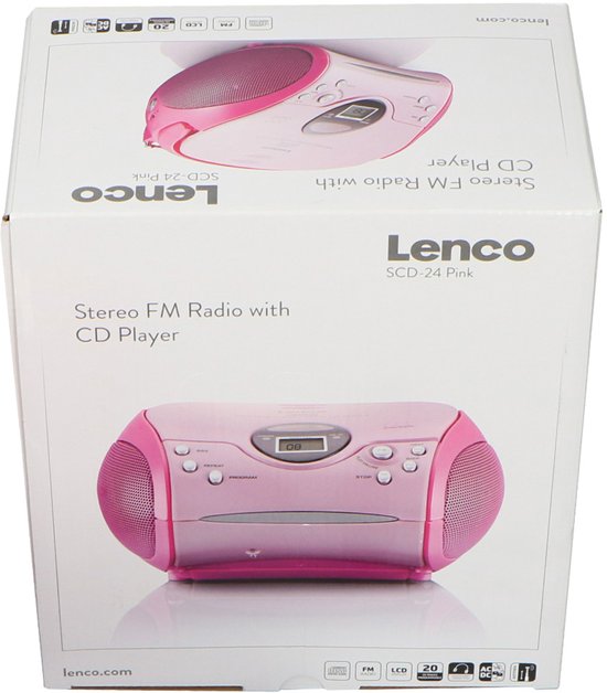 Roze Lenco SCD-24 stereo FM radio met CD-speler verpakt in de originele doos.