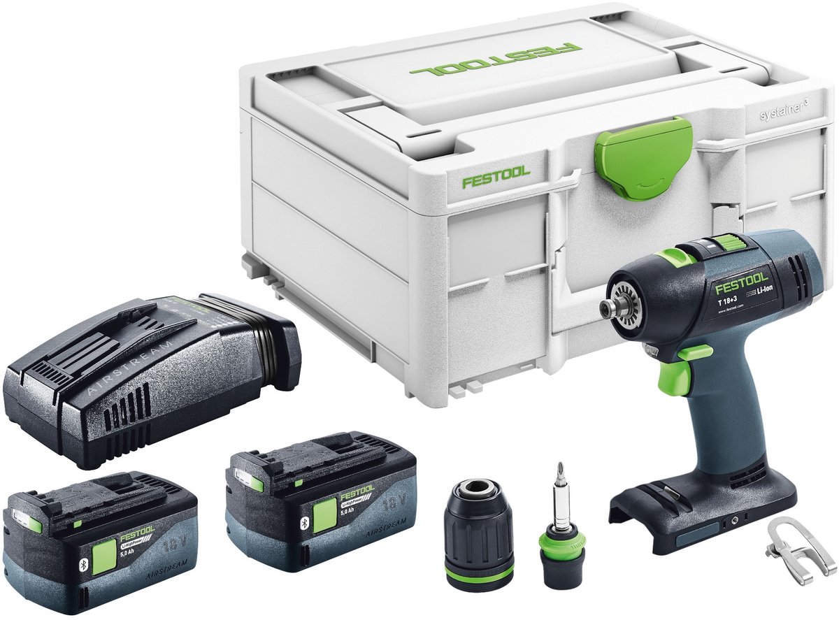 Festool T 18+3-Basic accuboormachine 18 V 50 Nm borstelloos + 2x accu 5,0 Ah + snellader + Systainer