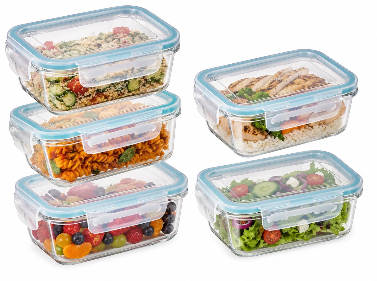 Set van 5 Kristalglas Lunchboxen – 800 ml Vershoudbakjes met Lichtblauw Randje – Glazen Lunchbox voor Salade, Maaltijden of Meal Prep – 18,5 x 12,5 x 6 cm