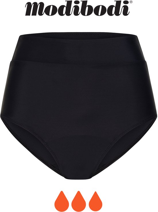 Culotte de bikini Modibodi pour femme, taille haute, noire, avec symbole de trois gouttes orange.