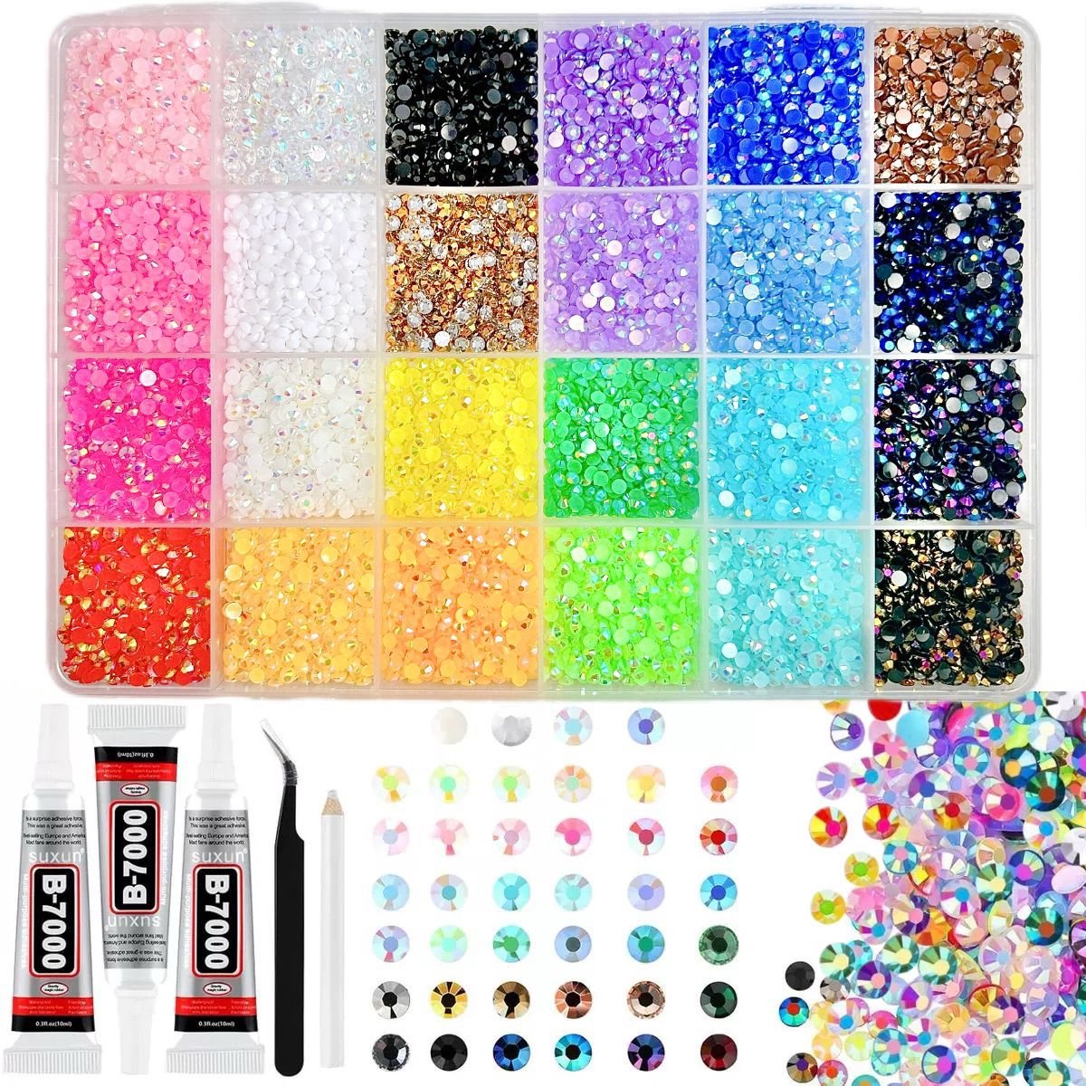 OLOEY 24000 harsstrasssteentjes–3 mm platte-niet-heetgeperste edelstenen in diverse kleuren-sprankelende kristallen versieringen-geschikt voor knutselprojecten-kleding-reisbekers-drinkbekers-schoenen- textieldecoraties-nail art en make-up