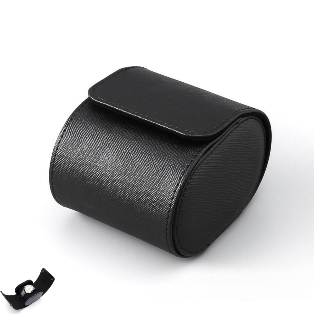 Reisetui voor Eén Horloge - Premium Leren Horlogerol - voor Heren en Dames - geschikt voor mechanische horloges, Zwitserse horloges - zwart - 100×80×72mm