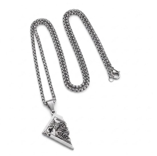 Zilverkleurige ketting voor heren – schakelketting met kaartfragment hanger (klaveren koning design)