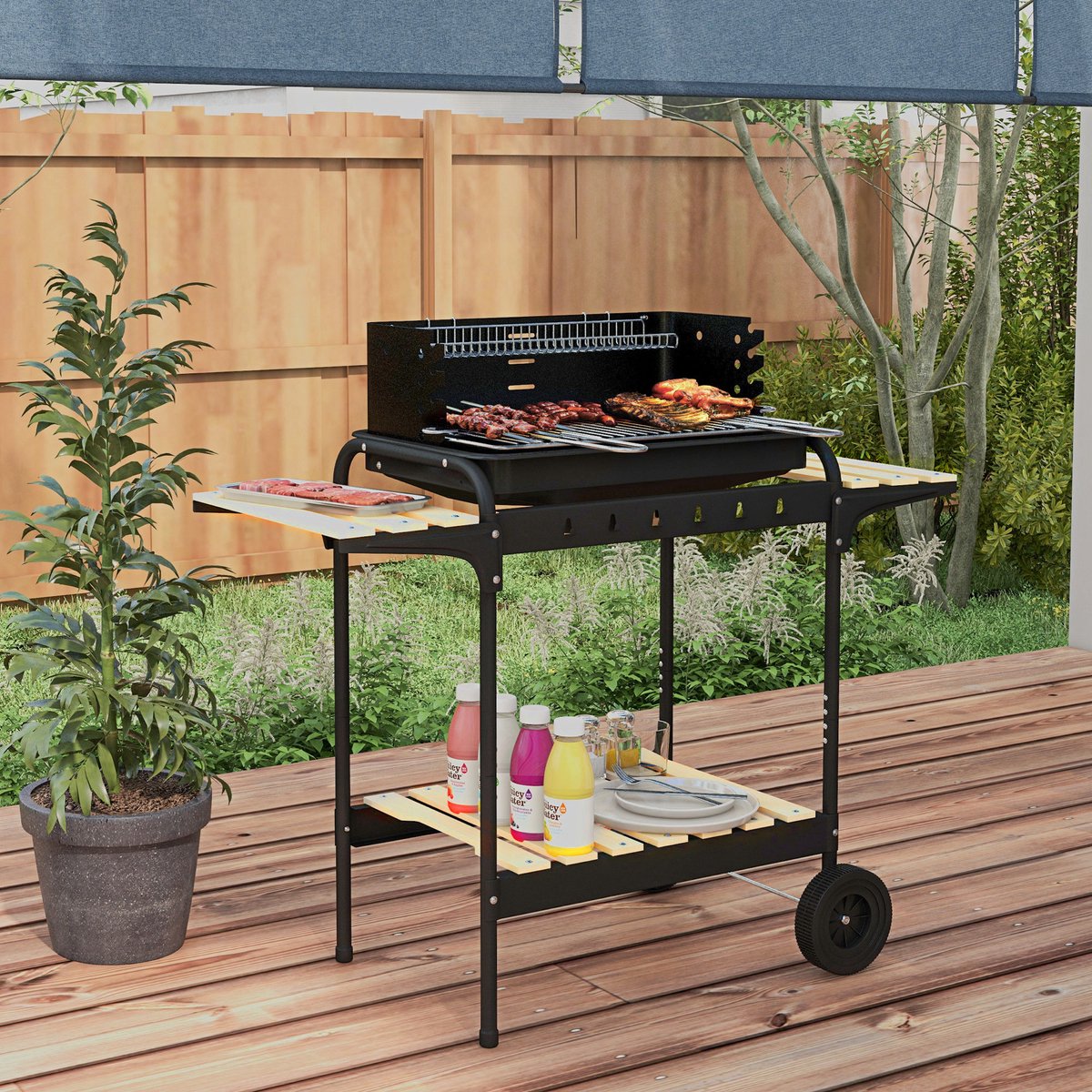 Houtskoolbarbecue van metaal BBQ-smoker met wielen, in hoogte verstelbaar grillrooster, houtrek 103x47x95 cm Zwart – foto 2