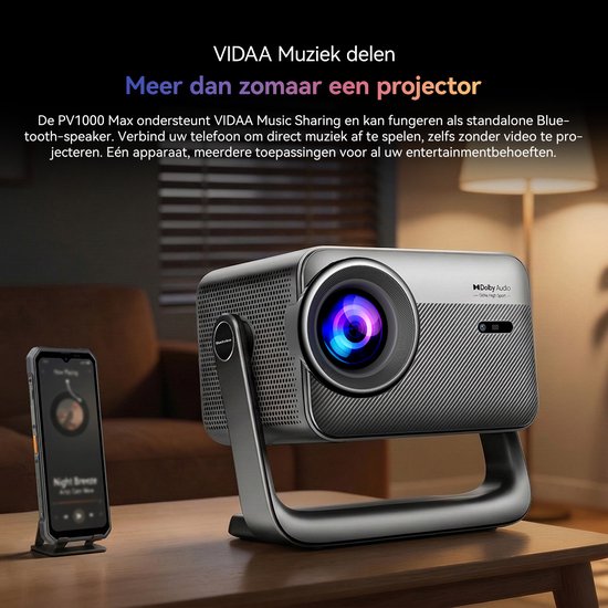 Blackview PV1000 Max Beamer - 18000 Lumens-1080P FHD-4K Decodering-Dolby Audio-VIDAA OS-360° Gimbal- Netflix YouTube Disney+- Thuiscinema Buiten-Spelmodus-TOF Autofocus