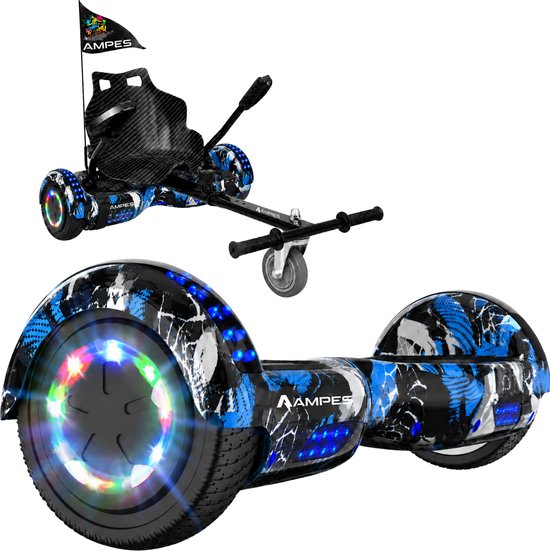Ampes hoverboard en hoverkart in graffiti blue met LED verlichting. De hoverkart is voorzien van een carbon zitje en een AMPES vlag.
