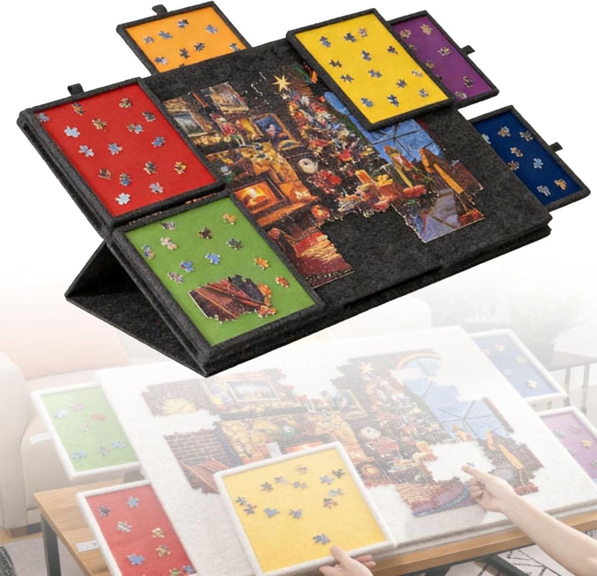 Puzzelbord met Laden - Puzzelmat Opvouwbaar - Puzzels Maken - Zes Sorteerlades - 1000-1500 Stukjes - Zwart