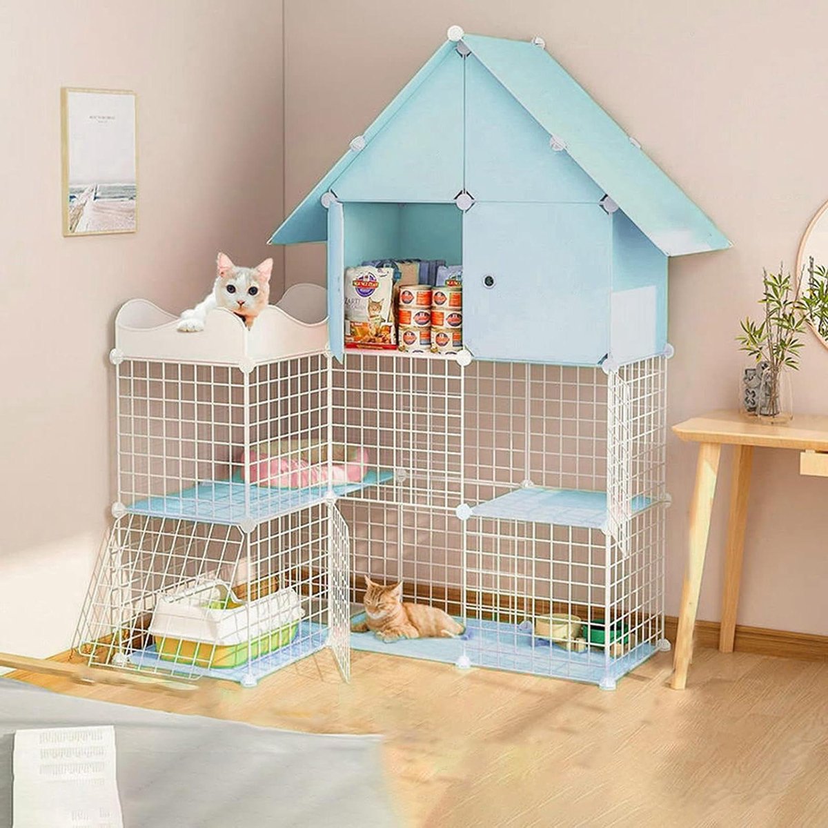 Kattenkooi met Verdiepingen - Kattenflat Dierenverblijf - Veilig Spelen - Opvouwbaar Metaal - 3 Verdiepingen - Zwart