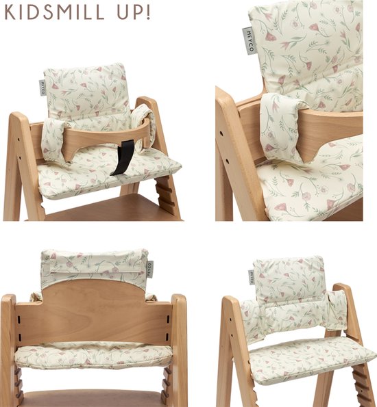 Vier afbeeldingen van een Kidsmill Up! stoel met zitverkleiner met bloemenpatroon.