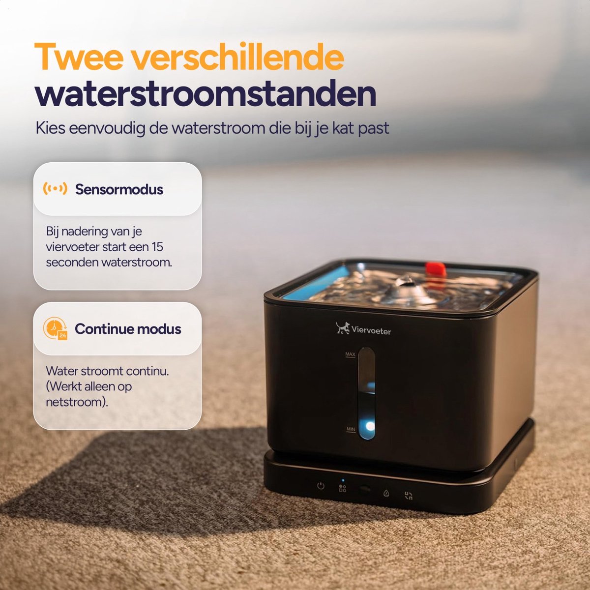 Viervoeter® Draadloze Drinkfontein RVS - Sensor Waterfontein voor Kat en Hond - Inclusief 3 filters en los te koppelen accu - 3L - 30d batterijduur thumbnail 8