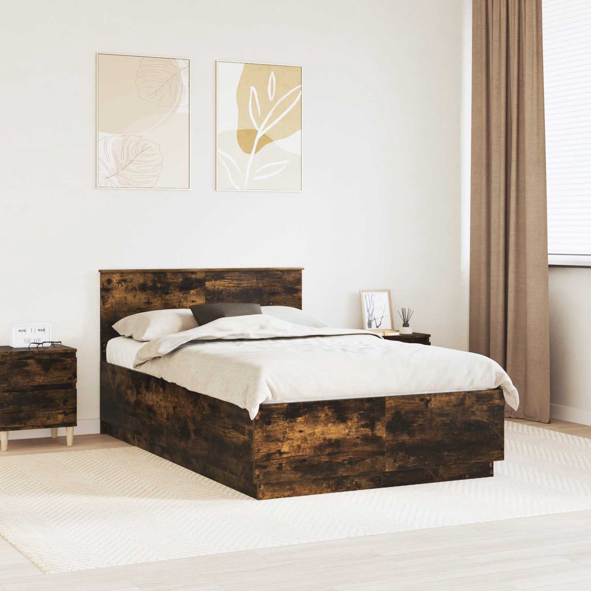 vidaXL Bedframe - met - hoofdeinde - Rook - Eiken - 120 - x - 200 - cm - Bewerkt - hout Gerookt eiken