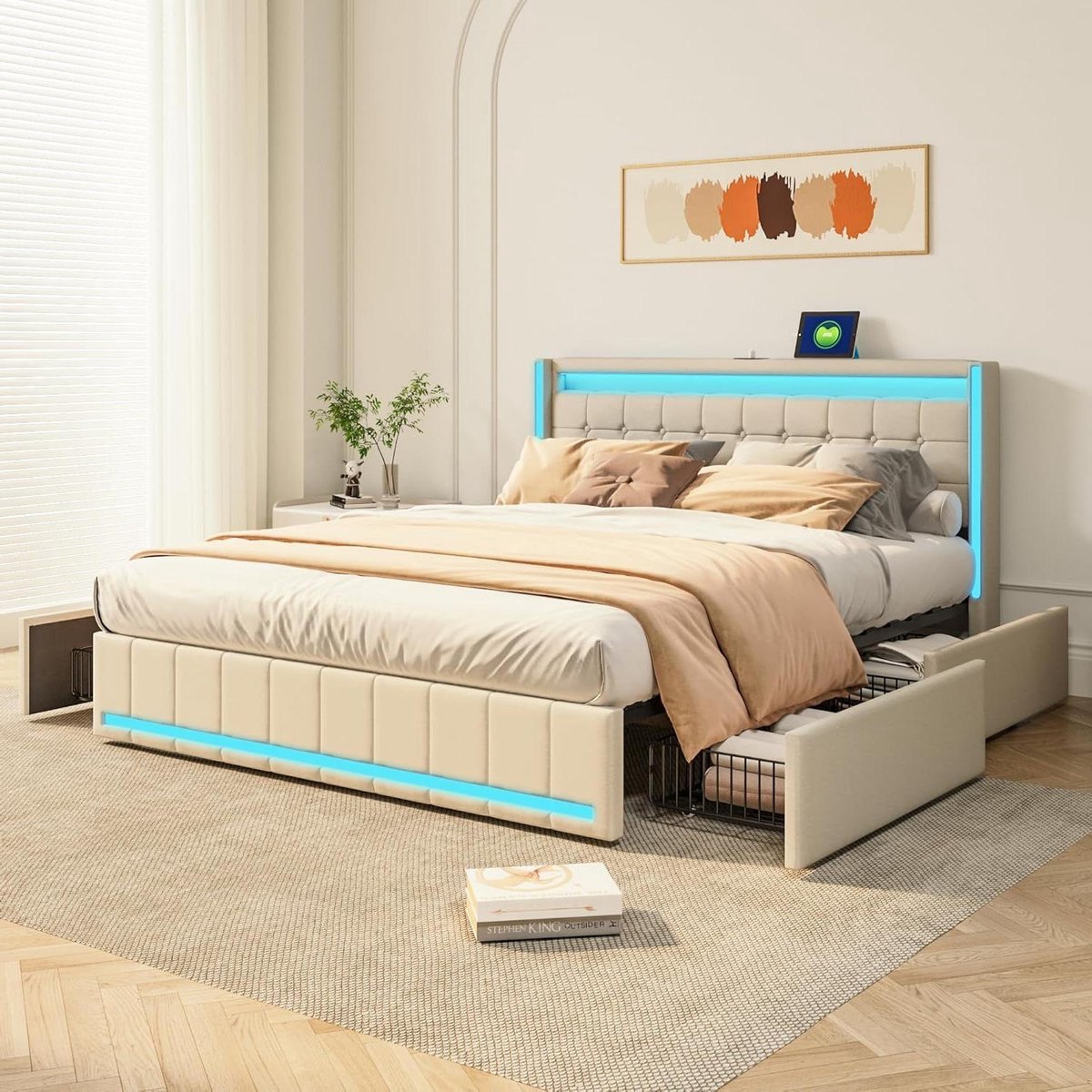 Gestoffeerd Bed - Bedframe met Lades - Opbergen en Slapen - Geïntegreerde USB en LED - 180