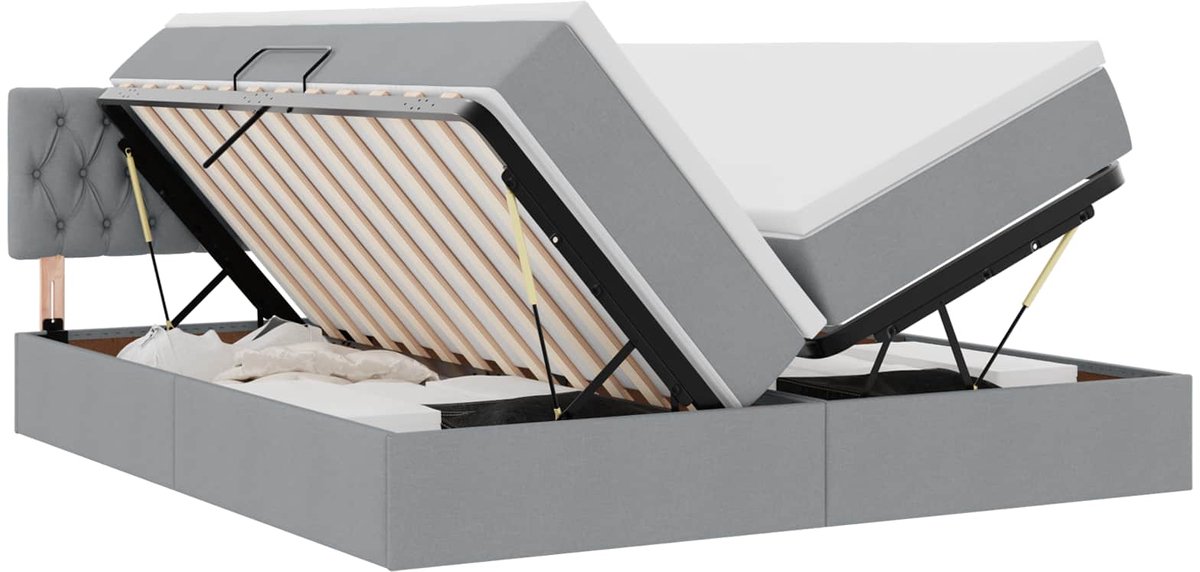 vidaXL LED - opbergbed - met - matras - Lichtgrijs - 200 - x - 200 - cm - Stof