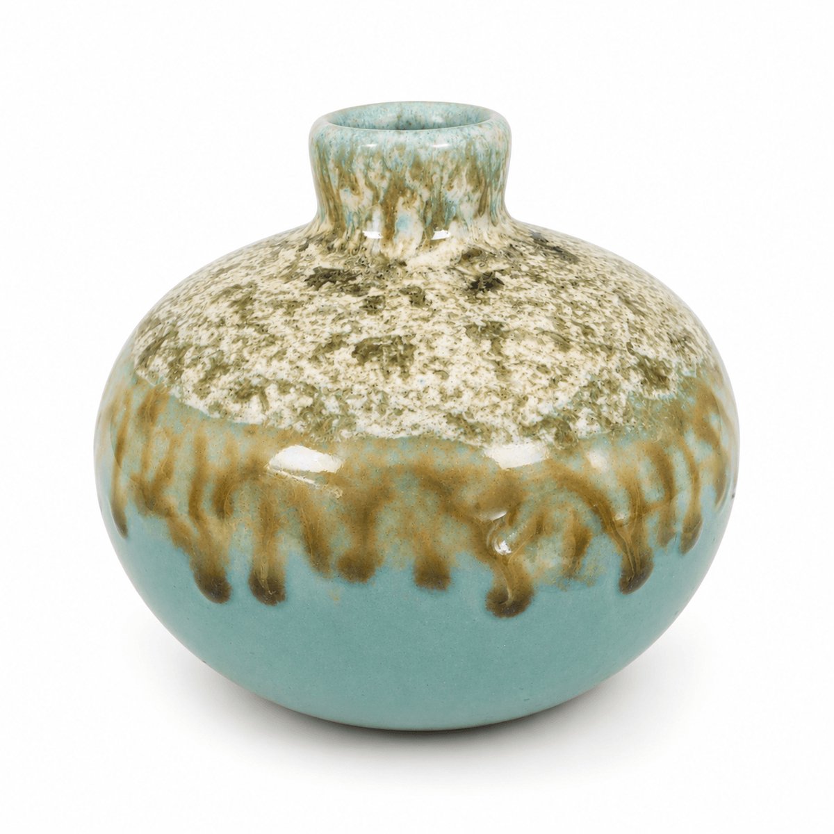 Knopvaasje keramiek – turquoise drip handgemaakt decoratief vaasje – minimalistisch bloemenvaasje – compact woonaccessoire (1 stuk)
