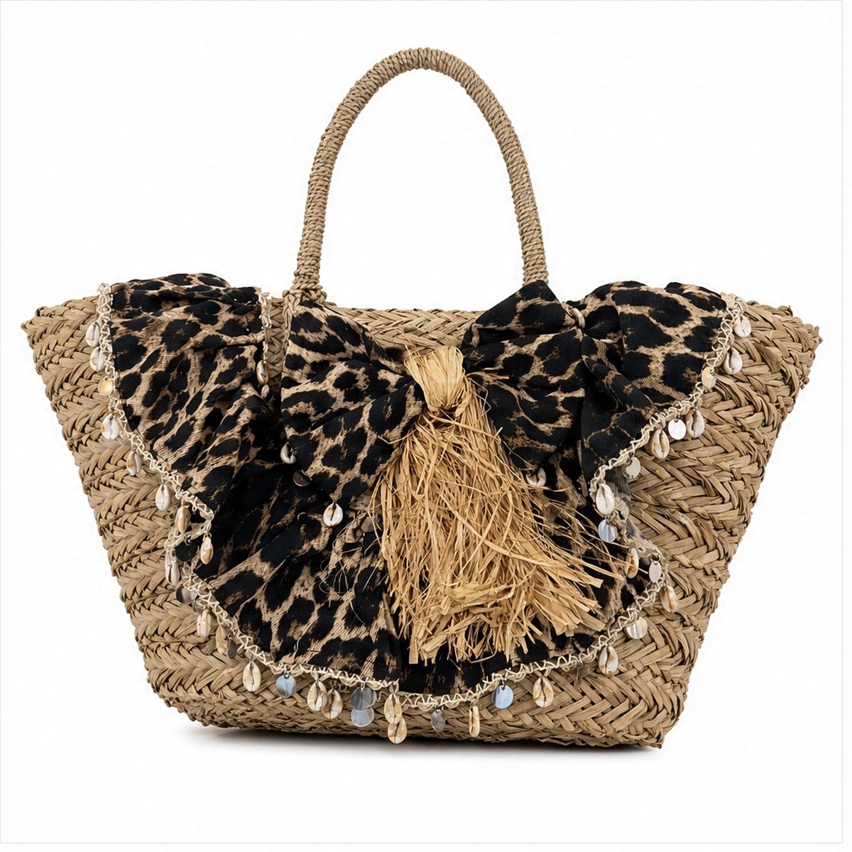 HS Grote Mand Handtas - Luipaardprint Zwart Naturel met Franjes
