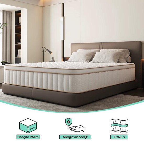 Kiyvoo Matras 160x200 tweepersoons - 25cm - Pocketvering Matras - 7-Zones - Orthopedisch - Anti-Allergie - Traagschuim - Gemiddelde Stevigheid