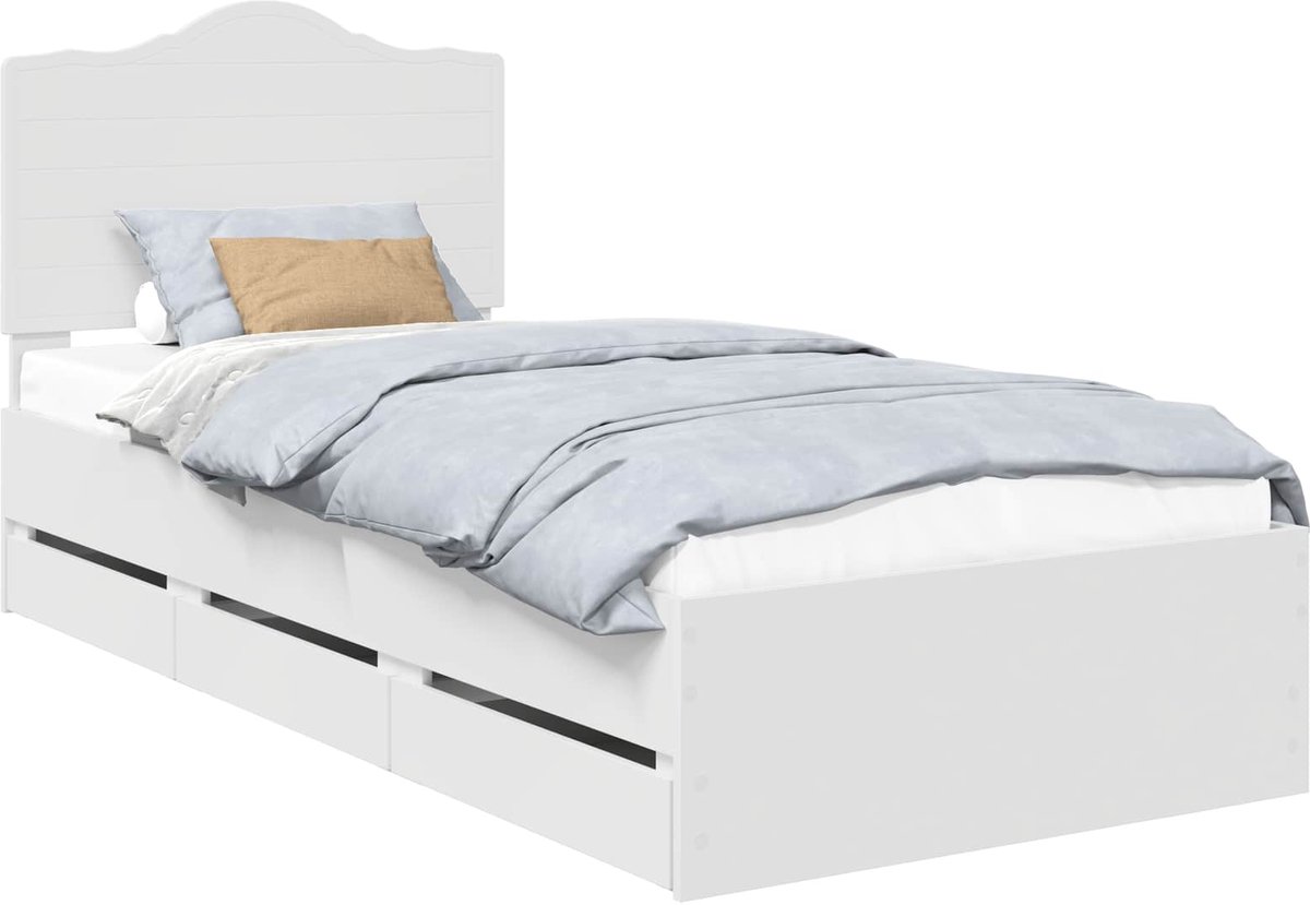 vidaXL Bedframe - met - lade - met - hoofdeinde - Wit - 75 - x - 190 - cm - Ingenieurshout