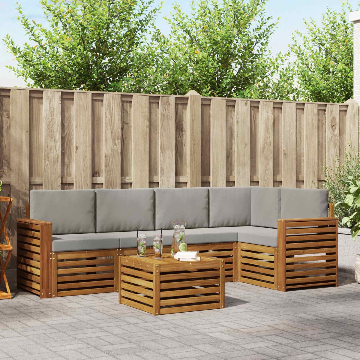 vidaXL Buiten - bank - set - 6 - st - 5-zits - Naturel - en - lichtgrijs Naturel en lichtgrijs
