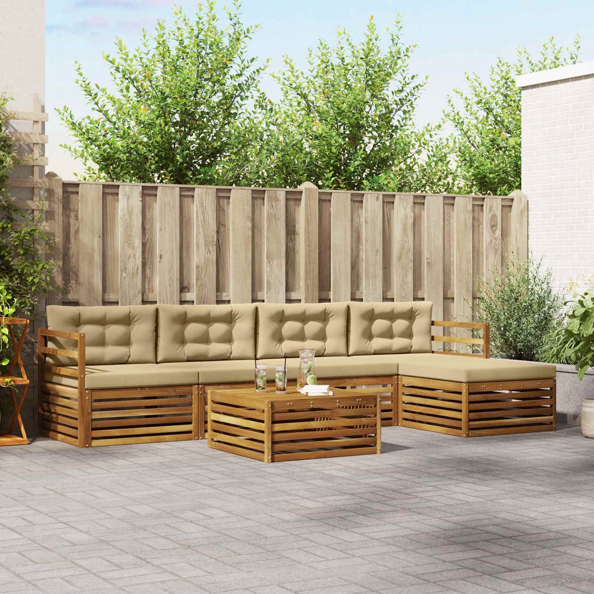 vidaXL Buiten - bank - set - 6 - st - 5-zits - Natuurlijk - en - Beige Natuurlijk en Beige