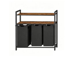 Wasmand met 3 vakken wasrek voor vuile was 92.5 x 33 x 92 cm bruin + zwart met 3 uitneembare en afneembare 40L binnenzakken en 2-laags opbergplanken stevig en duurzaam metalen frame eenvoudig te monteren en te reinigen geschikt voor badkamer